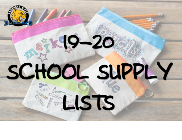 19-20 School Supply Lists over faded image of school supplies